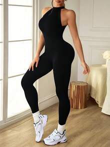 Slayform Women's Backless Sleeveless Black Seamless Jumpsuit Yoga Jumpsuit Active Wear Jumpsuit Seamless Workout Jumpsuit Yoga Romper
