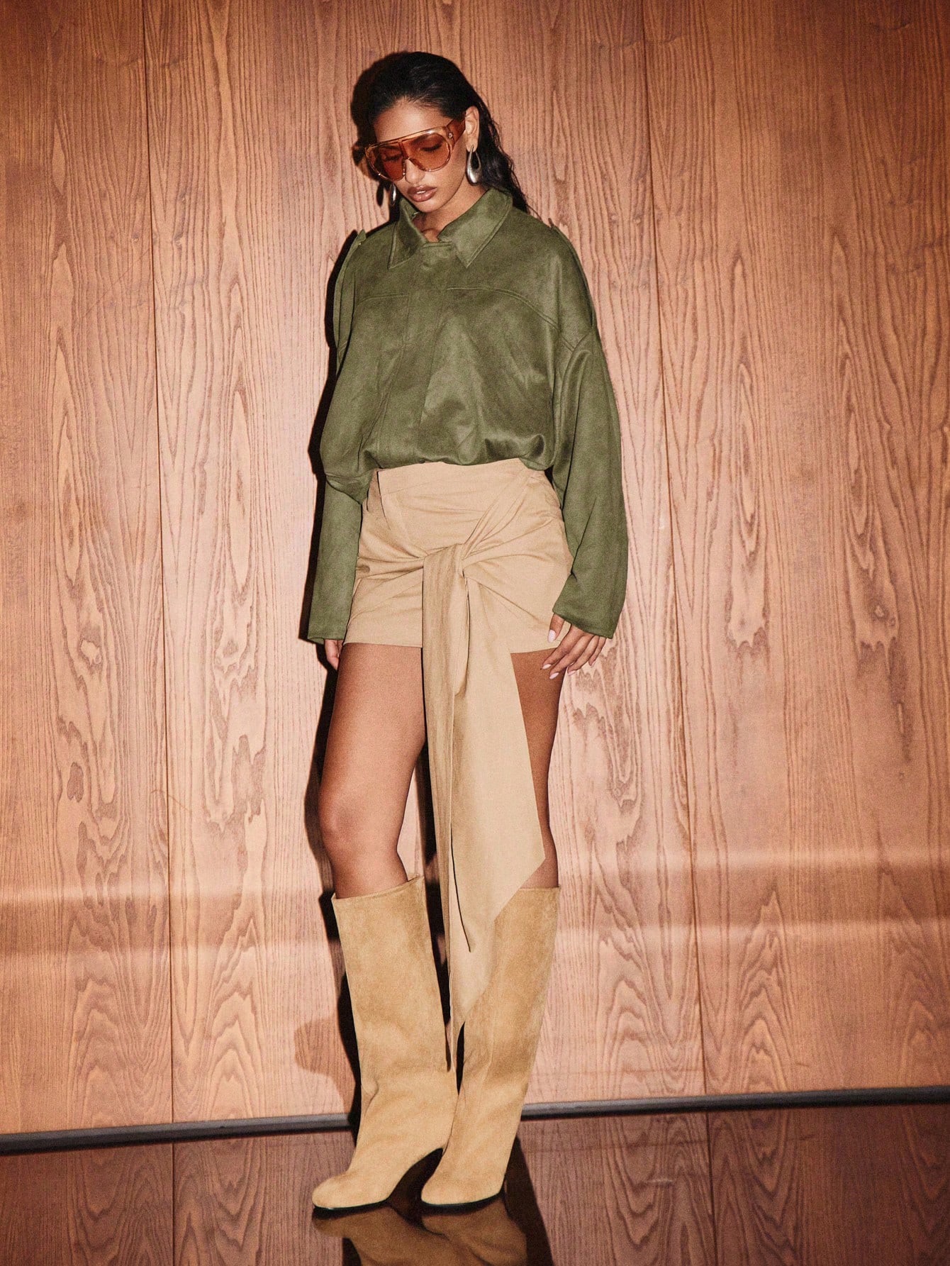 KIZN Oversized Suede Utility Jacket With Collar And Pockets