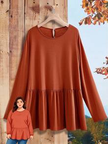Rusticease Plus Size Women Rust Orange Autumn Long Sleeve Button Back Top,Smart Casual Everyday Solid Color T-Shirt,Wedding Ninang Comfortable Breathable 2025 - Brown - View 1