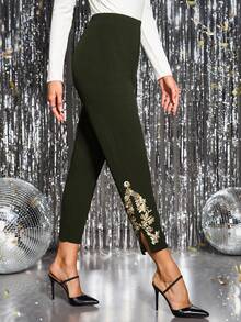 Gownix Women's Embroidered Hem Slit Waist Skinny Elegant Pants - Army Green - View 1