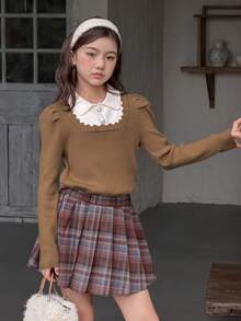 DAZY 少女法式领叠穿上衣，泡泡袖毛衣，秋冬款 - 卡其色 - 查看 6