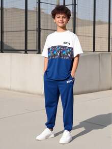 Vacaura 青少年男孩夏季休閒印花拼接T恤和長褲 - 藏蓝色 - 查看 6