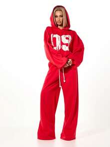 SUMWON WOMEN Áo hoodie hộp màu đỏ cỡ lớn có họa tiết hiệu ứng nứt màu trắng cổ điển, chi tiết lỗ kim loại, mũ trùm đầu, tay dài - Đỏ - Xem 5