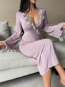 DAZY Lace Ruffle Collar Long Wrap Women Sleepwear Robe - Pink - View 4