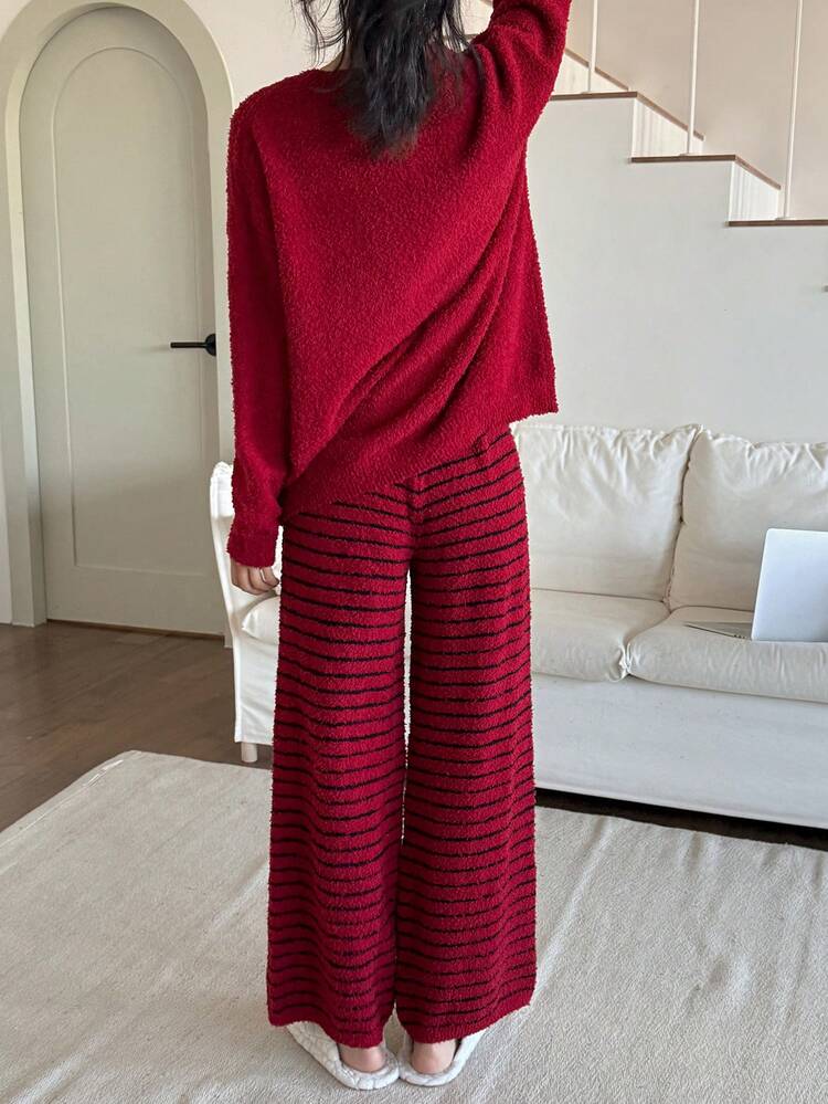 Women's Plush Letter Jacquard Knit Top And Striped Jacquard Pajama Pants Set, Winter