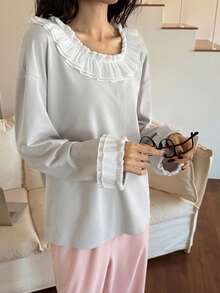 DAZY Conjunto de Pijama Feminino Solto com Babado de Cor Contrastante