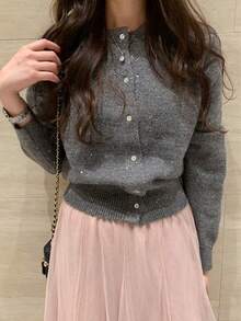 DAZY 女士亮片装饰休闲开衫毛衣 - 灰色 - 查看 7