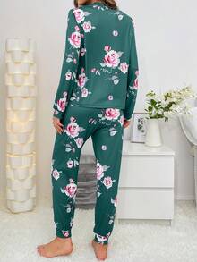 Women Floral Print Long Sleeve Top And Pants Pajama Set, Fall & Winter Clothes - Teal Blue - View 2