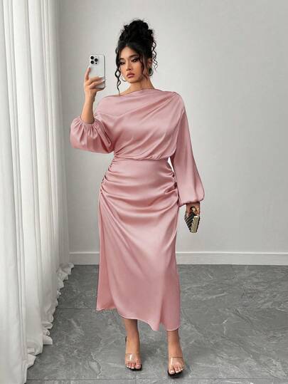 SHEIN Elenzya Plus Size Women Satin Asymmetric Ruffle Collar Pleated Waist Slim A-Line Dress