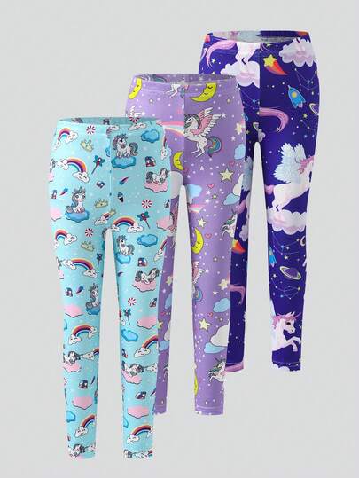 Young Girls Leggings-3 Pack Unicorn Rainbow Leggings Kids Stretch Fit Long Pants Cute Print Pastel Blue Purple Navy Everyday Play Party Holiday 4 Seasons 2026 New Year Essential Soft Breathable Flexible Waistband Durable Machine Washable Comfortable Casual