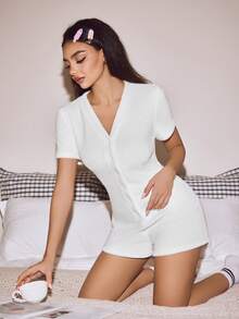 Lowkey Lull 女士柔软舒适简约短袖翻领短裤连体睡衣 - 白色 - 查看 3