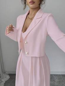 Elenzga 新款女式梭织面料细肩带露背可调节肩带阔腿连体裤，缺口领长袖夹克，通勤百搭优雅年轻女士两件套，秋冬 - 粉色 - 查看 3