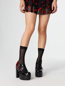 ROMWE Goth Women's Vintage Black-Red Ombre Thick Platform Chunky Heel Pumps, Spring/Autumn Fashion Dual-Tone Metal Buckle Elastic Band Closed Toe High Heel Oxfords For Christmas - Red - View 2