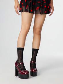 ROMWE 女款性感酒紅色鉚釘厚底高跟鞋 夜店派對粗跟瑪麗珍鞋 - 酒紅色 - 查看 2
