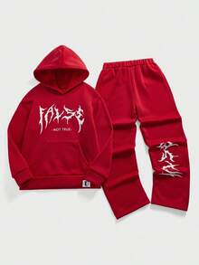 SHEIN 2pcs Teen Boys Casual Sports Street Fashion Red Lightning Print Hoodie And Sweatpants Set, Autumn/Winter Fall - Red - View 8