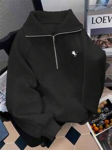 SHEIN 休闲宽松领半拉链印花长袖卫衣 - 黑色 - 查看 4