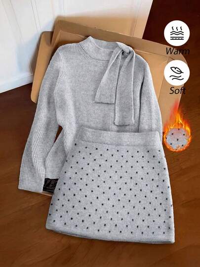 Franclia Women's Elegant Bow Tie Knit Sweater & Polka Dot Skirt 2-Piece Set, Autumn/Winter
