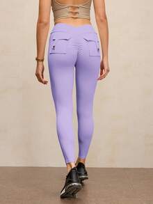 Activina High Waist Ruched Casual Slim Fit Stretchy Leggings Pocket Leggings - Purple - View 5