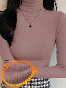 DAZY 女士休闲纯色高领紧身打底T恤，秋冬季 - 淺粉色 - 查看 1