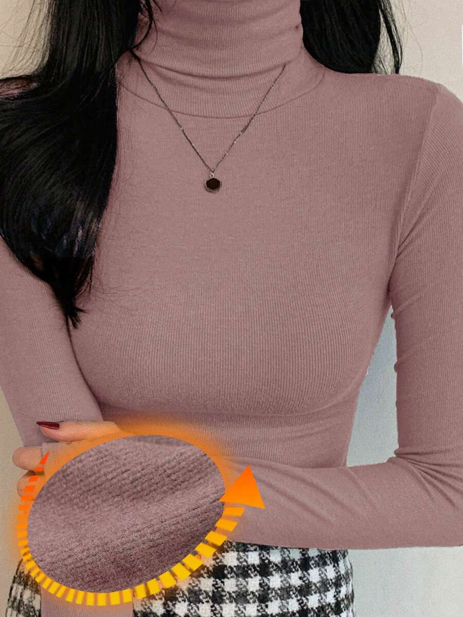 DAZY 女士休闲纯色高领紧身打底T恤，秋冬季 - 淺粉色 - 查看 1