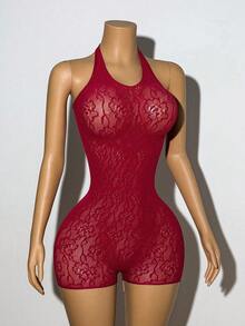 EgrlEra Wine Red Sexy Punk Style Halter Neck Bodysuit - Burgundy - View 3