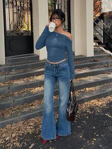 SHEIN Unity 纯色不对称领和褶皱细节修身短款 T 恤 Y2K 服装