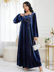 Al Najma Women's Elegant Party Rhinestone Decorated Arabic Style Dress Velvet Long Sleeve Dress Luxury Dress For Women - Blue - View 4