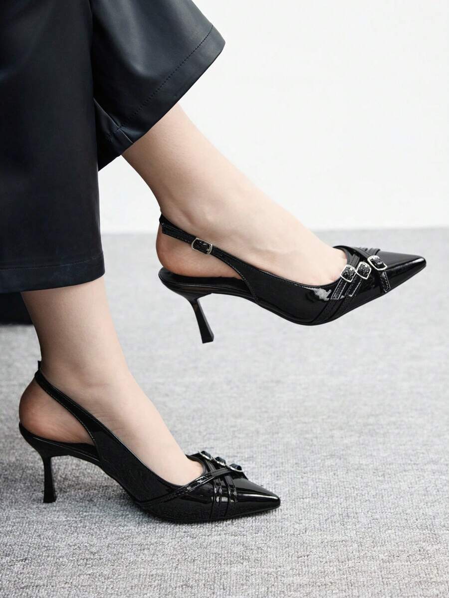 CUCCOO BIZCHIC Giày cao gót mũi nhọn nữ, giày cao gót gợi cảm, đa năng cho đi làm, tiệc tùng, công sở, giày cao gót hở lưng màu đen - màu đen - Xem 1