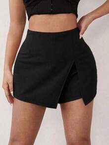 Falda corta cruzada CINTURA AMPLIA de moda para mujer con detalle de abertura en el muslo, tela muy elástica, estilo casual - Negro - Ver 4