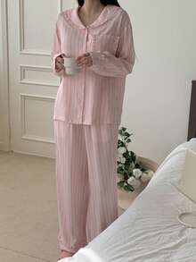 DAZY Striped Ruffle Collar Women Pajama Set - Pink - View 7