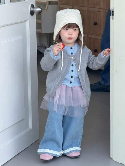 DAZY Baby Girl Contrast Color 2 In 1 Korean Style Cardigan, Autumn/Winter Toddler Girls Clothes