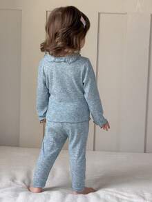 DAZY 2pcs Baby Girls Generous Collar Ruffle Bow Comfortable T-Shirt And Long Pants Pajama Set - Blue - View 2