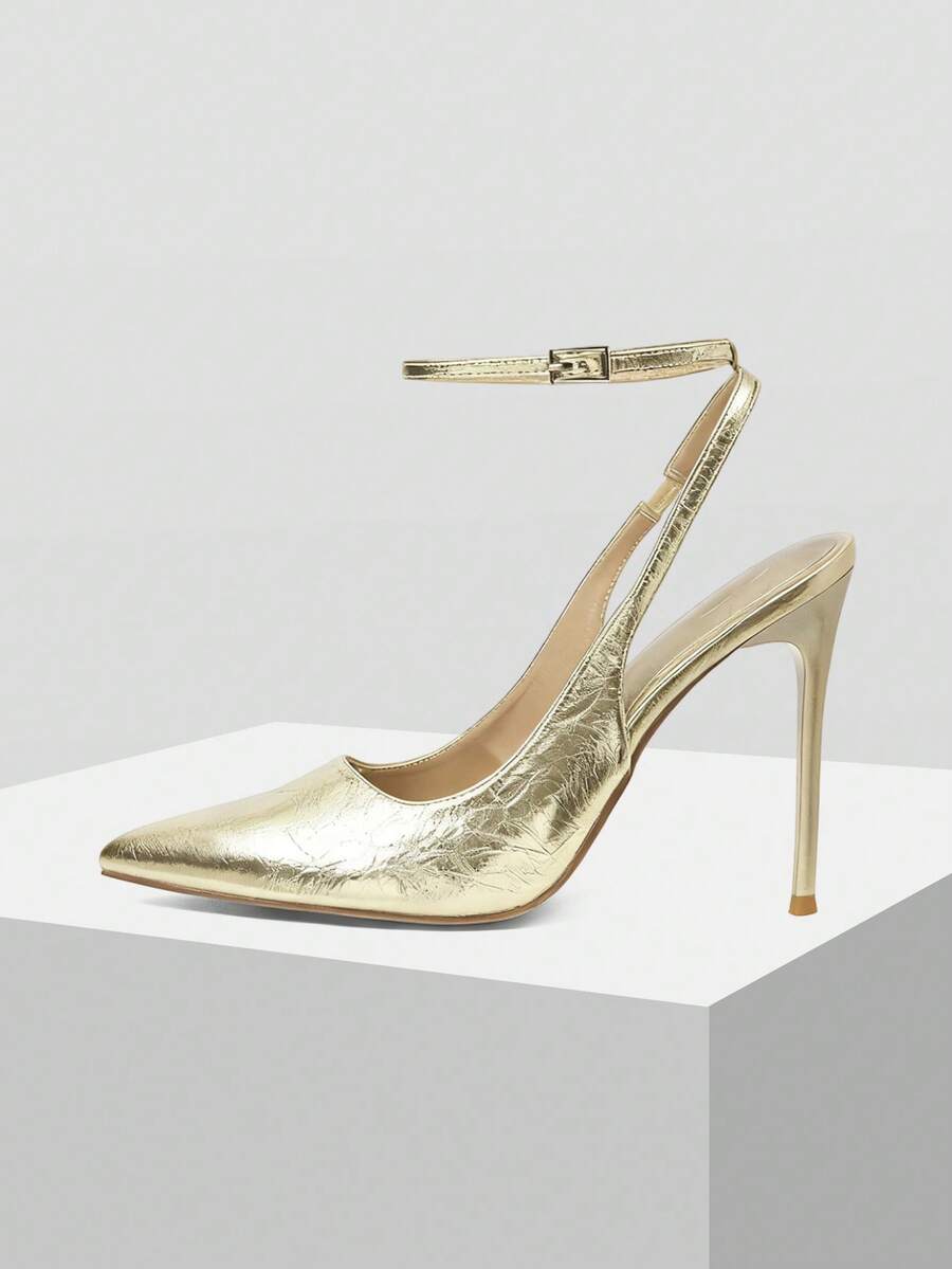 Mnmlis 女士优雅尖头金属高跟鞋，通勤必备 - 金色 - 查看 1