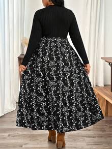 EMERY ROSE Plus Size Elegant Commuter Floral Print Patchwork Dress - Black - View 2