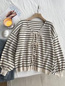 Comfortcana Plus Size Women Casual Striped Tie Front Loose Cardigan, Autumn/Winter,Fall Clothes For Women Striped Striped Knit Top Striped Sweater - Black - View 6