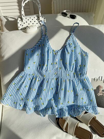 Comfortcana Summer Blue & White Striped Lemon Fruit Graphic Design Sleeveless Casual Plus Size Tank Top With Front Button