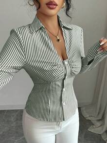 Elenzga Women's Stylish Blue Striped Shirt, Back To School Season, Autumn - Green - View 5