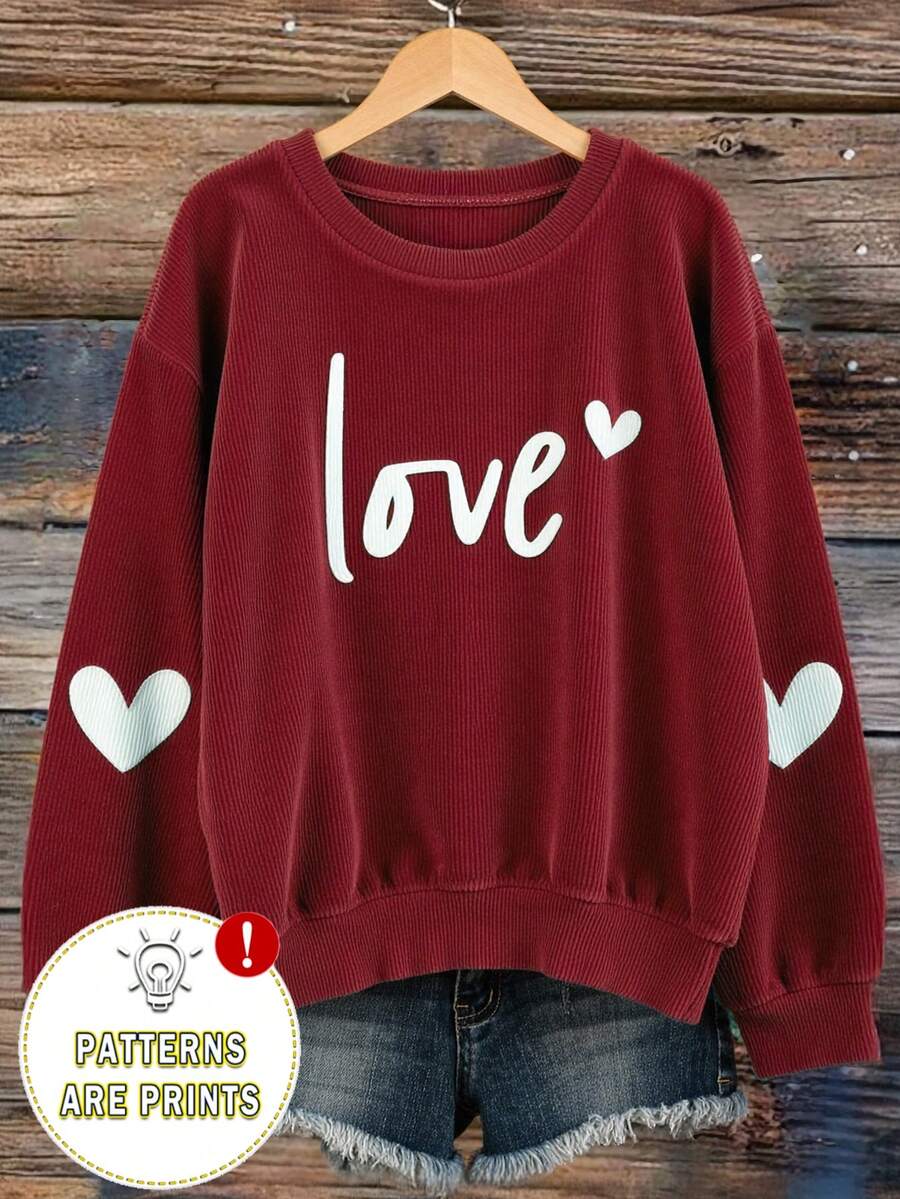 EMERY ROSE Love Letter Print Casual Crew Neck Fleece Long Sleeve Sweatshirt, Suitable As A Gift For Friends, Autumn/Winter - Burgundy - View 1