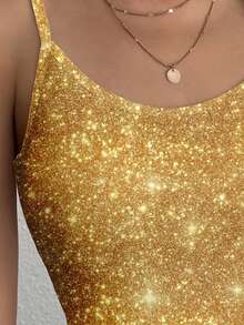 Glamance ORANGE STUDIO Women's Y2K Shiny Print Fitted Camisole Gold Top Gold Sparkle Top Gold Glitter Top Sparkle Top Glittery Top - Yellow - View 6