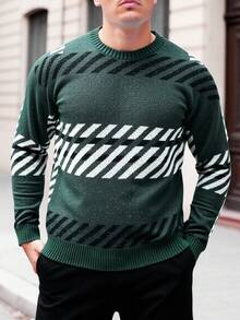 Manfinity Homme Men's Contrast Color Pattern Crew Neck Long Sleeve Sweater, For Winter - Green - View 4