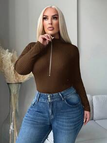 SHEIN SXY 大码女式舒适休闲长袖拉链连体衣，秋冬季 - 棕色 - 查看 4