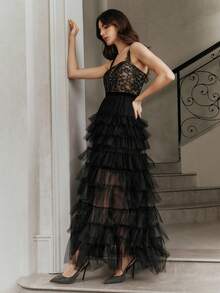 Anewsta Lace Patchwork Multi-Layer Mesh Ruffle Hem Spaghetti Strap Square Neck Dress - Black - View 5