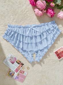 SHEIN Lencería de talla grande, linda y dulce, con volantes multicapa y sin entrepierna, con moño - Azul - Ver 3