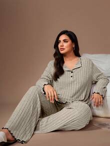 Lazeform Plus Size Women's Light Gray Lapel Ruffled Ribbed Knit Long Sleeve Top And Pants 2-Pieces Pajama Set,Light Green,Autumn,Nighty Winter Clothes - Light Grey - View 1