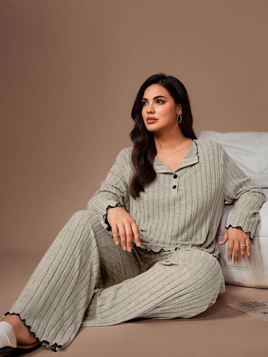 Lazeform Plus Size Women's Light Gray Lapel Ruffled Ribbed Knit Long Sleeve Top And Pants 2-Pieces Pajama Set,Light Green,Autumn,Nighty Winter Clothes - Light Grey - View 1