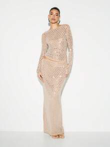 KIZN Nude Beige Hotfix Diamante Embellished Maxi Bodycon Skirt High Rise Evening Party Wear - Pink - View 6