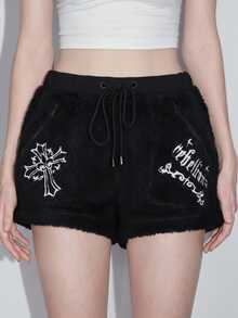 ROMWE Goth 大码女式Y2K哥特式十字刺绣毛绒短裤 - 黑色 - 查看 3