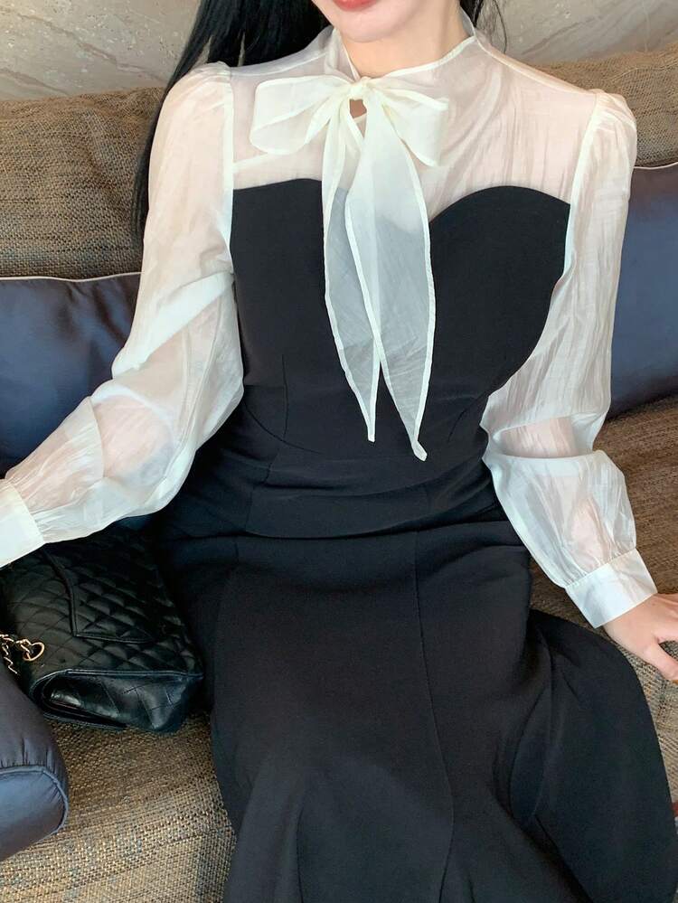Women's Color Block Bow Tie Strap Mid-Length Dress