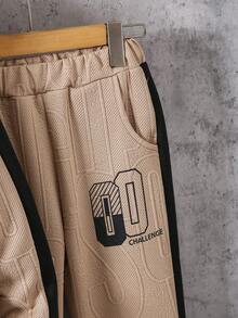 Vacaura 2 件套青少年男童时尚纹理字母连帽夹克和抽绳裤套装，适合春秋冬季 - 卡其色 - 查看 4