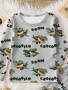 一套男童鳄鱼印花修身睡衣套装，卡通图案长袖上衣和裤子，春秋季 - 灰色 - 查看 4